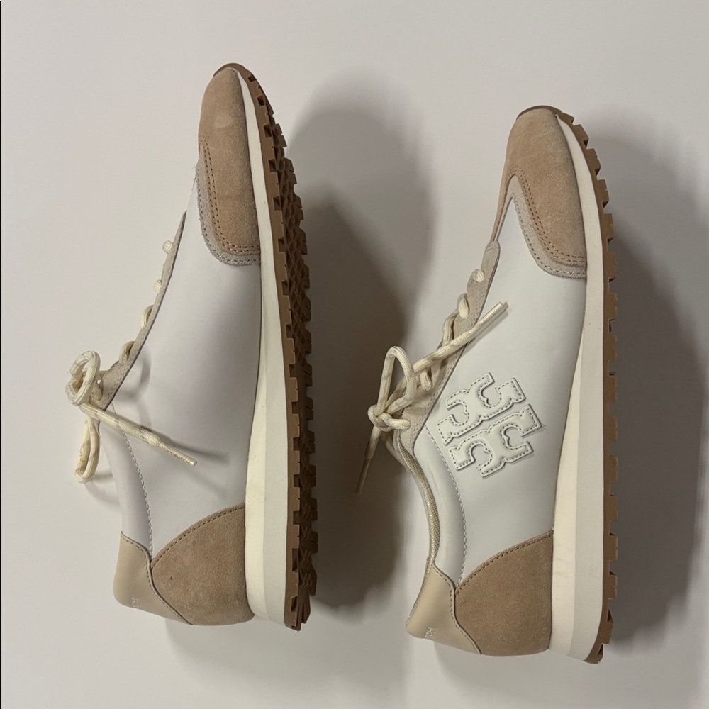 Tory Burch Women's White and Beige Suede-Trim Sneakers - Picture 2 of 4